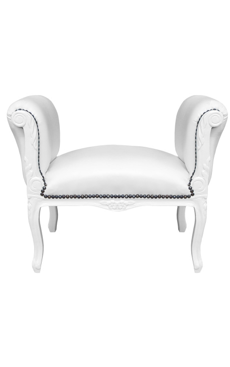 Baroque Louis XV bench false skin leather white and white lacquered wood