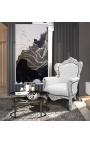 Grand fauteuil de style baroque tissu simili cuir blanc et bois argent