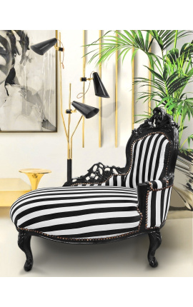 Barroco chaise longue tejido negro y blanco rayado con madera negra