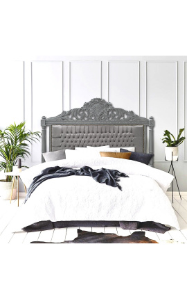 Barokkityylinen sängynpääty harmaata samettia ja harmaaksi lakattua puuta