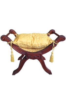 Ławka rzymska (lub Dagobert) złota satynowa tkanina i drewno mahoniowe 
