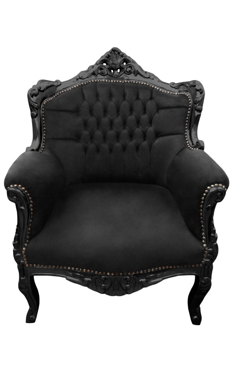 Armchair "princely" Baroque style black velvet and lacquered wood 