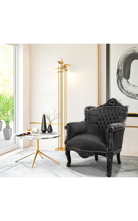 Armchair &quot;princely&quot; Baroque style black velvet and lacquered wood 