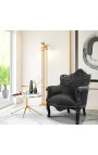 Armchair "princely" Baroque style black velvet and lacquered wood 