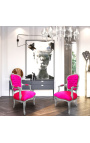 Fauteuil baroque de style Louis XV rose fuchsia et bois argenté