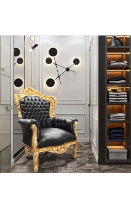 Big baroque style armchair black leatherette and wood gold