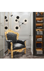 Big baroque style armchair black leatherette and wood gold