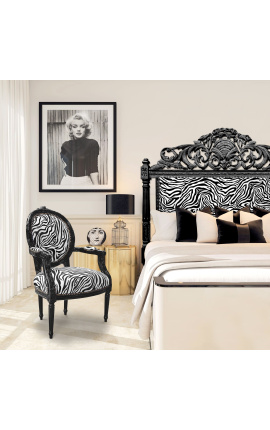 Baroque armchair Louis XVI style medallion zebra black and white fabric and black lacquered wood 