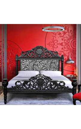 Łóżko w stylu barokowym z tkaniny zebry i błyszczącego czarnego drewna