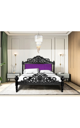 Letto barocco tessuto in velluto viola con strass e legno laccato nero