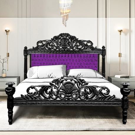 Baroque bed purple velvet fabric with rhinestones and black wood.