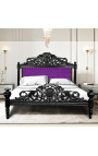 Łóżko w stylu barokowym fioletowa aksamitna tkanina z kryształkami i czarnym lakierowanym drewnem.
