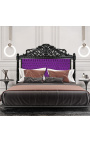 Barokní čelo postele fialová látka s kamínky a černě lakované dřevo.