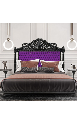 Barockbett-Kopfteil aus violettem Stoff mit Strasssteinen und schwarz lackiertem Holz.