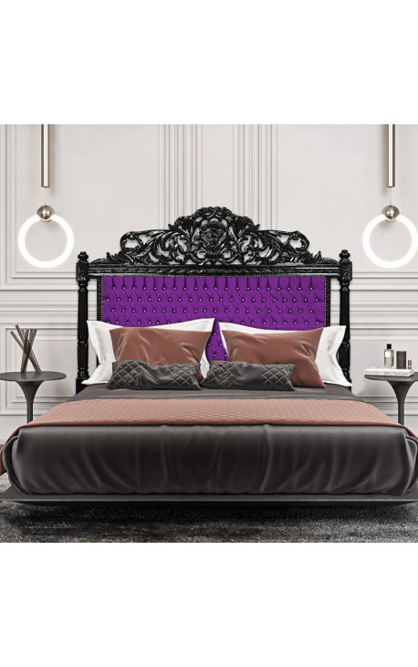 Baroque bed headboard purple fabric with rhinestones and black lacquered wood.
