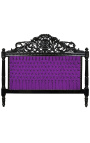 Baroque bed headboard purple fabric with rhinestones and black lacquered wood.