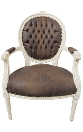 Бароков фотьойл в стил Луи XVI шоколадова изкуствена кожа и лакирано дърво бежово 