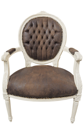 Fauteuil Louis XVI de style baroque chocolat et bois laqué beige