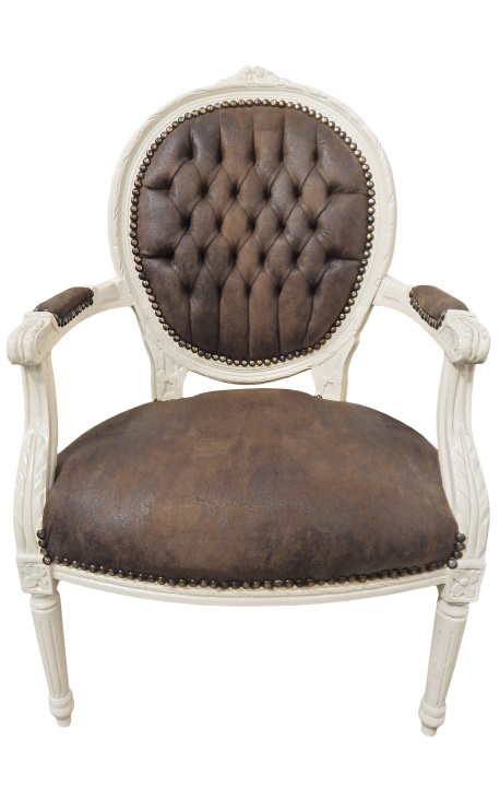 Barokke fauteuil Lodewijk XVI-stijl chocolade vals leer en gelakt hout beige 