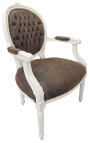 Barokke fauteuil Lodewijk XVI-stijl chocolade vals leer en gelakt hout beige 