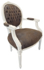 Baroque armchair Louis XVI style chocolate false leather and lacquered wood beige 