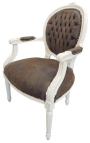 Barokke fauteuil Lodewijk XVI-stijl chocolade vals leer en gelakt hout beige 