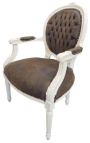 Baroque armchair Louis XVI style chocolate false leather and lacquered wood beige 