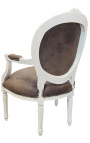 Barokke fauteuil Lodewijk XVI-stijl chocolade vals leer en gelakt hout beige 