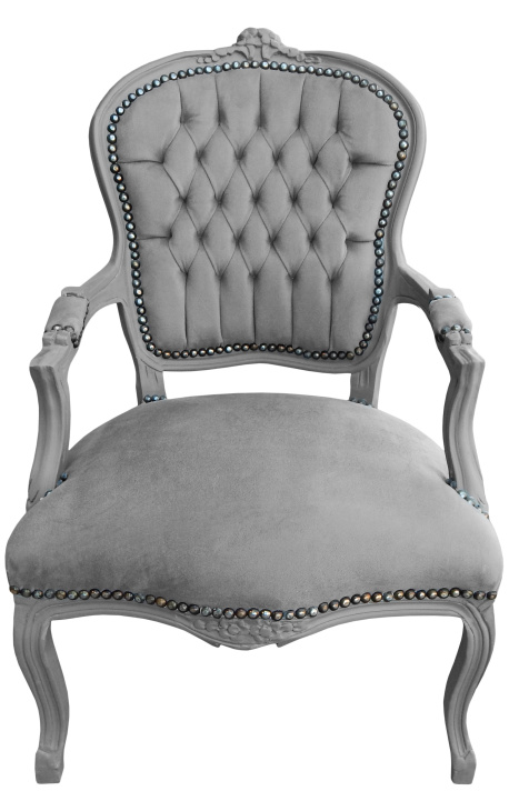 Barok lænestol Louis XV stil grå og gråt lakeret træ - 1