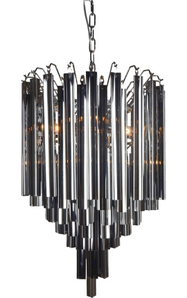 Lustre "Livera" style Art Deco en métal et pampilles en verre noir
