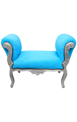 Louis XV bench turquoise blue velvet fabric and silver wood 