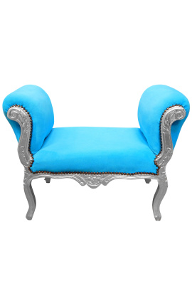 Louis XV Banc de tela de vellut blau de banqueta i fusta de plata