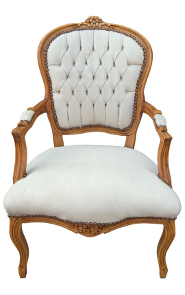 Fotel w stylu Ludwika XV beżowy aksamit i naturalny kolor drewna