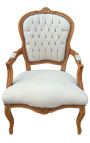 Fauteuil de style Louis XV velours beige et bois naturel