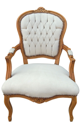 Fauteuil in beige fluweel in Lodewijk XV-stijl en natuurlijke houtkleur