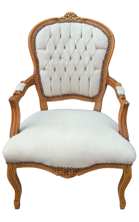 Sessel aus beigem Samt im Louis-XV-Stil und natürlicher Holzfarbe