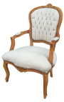 Sessel aus beigem Samt im Louis-XV-Stil und natürlicher Holzfarbe