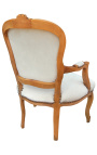 Luija XV stila smilškrāsas samta krēsls dabīgā koka krāsā