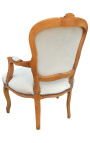 Luija XV stila smilškrāsas samta krēsls dabīgā koka krāsā