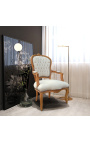 Fauteuil de style Louis XV velours beige et bois naturel