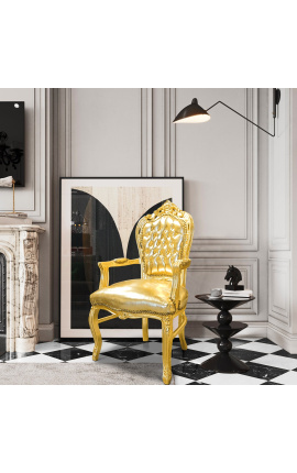 Fauteuil de style Baroque Rococo tissu simili cuir doré et bois doré