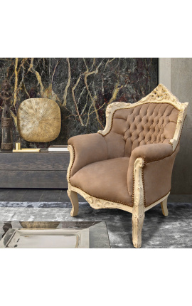 Armchair &quot;princely&quot; Baroque style taupe velvet and beige patinated wood