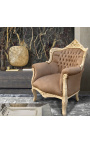 Armchair "princely" Baroque style taupe velvet and beige patinated wood