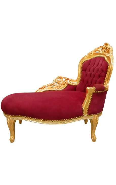 Barok chaise longue bordeaux fluweel met goud hout