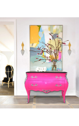 Μπαρόκ συρταριέρα (commode) σε στυλ Louis XV ροζ και μαύρο τοπ με 2 συρτάρια