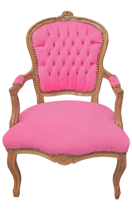 Fauteuil de style Louis XV velours rose et bois naturel
