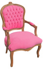 Fauteuil de style Louis XV velours rose et bois naturel