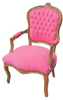 Fåtölj av Louis XV-stil rosa sammet och naturlig träfärg