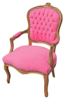 Sessel aus rosa Samt im Louis-XV-Stil und natürlicher Holzfarbe