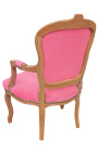 Liudviko XV stiliaus rožinio aksomo ir natūralaus medžio spalvos fotelis